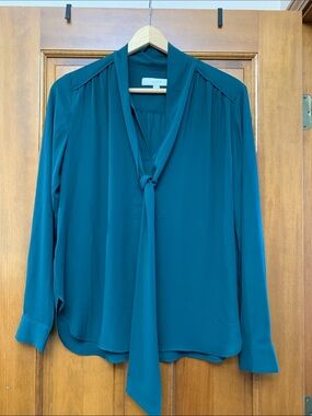 LOFT Teal Green Tie-Neck Long Sleeve Blouse